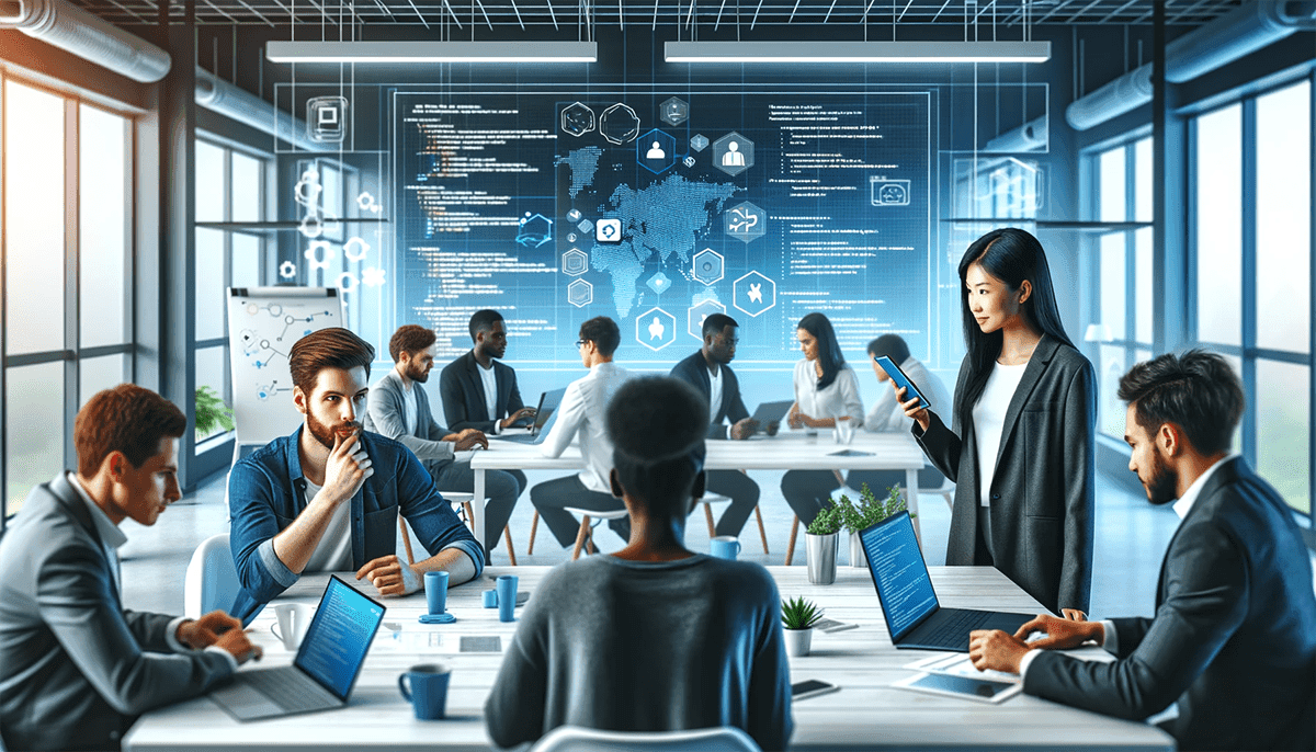 Team of mobile app developers collaborating around laptops in a modern office — cross-platform app development planning